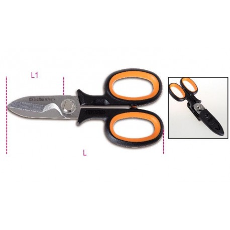 1128BTX - tijeras de electricistahojas rectas de acero inoxidablecon microdentado y ranura cortacables